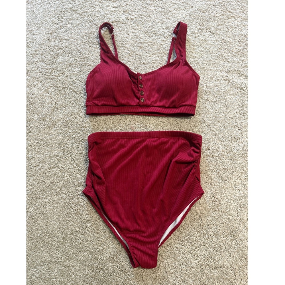 Burgundy Ribbed High Waisted Bikini Set Womens Small Red Button Front‎ Bralette